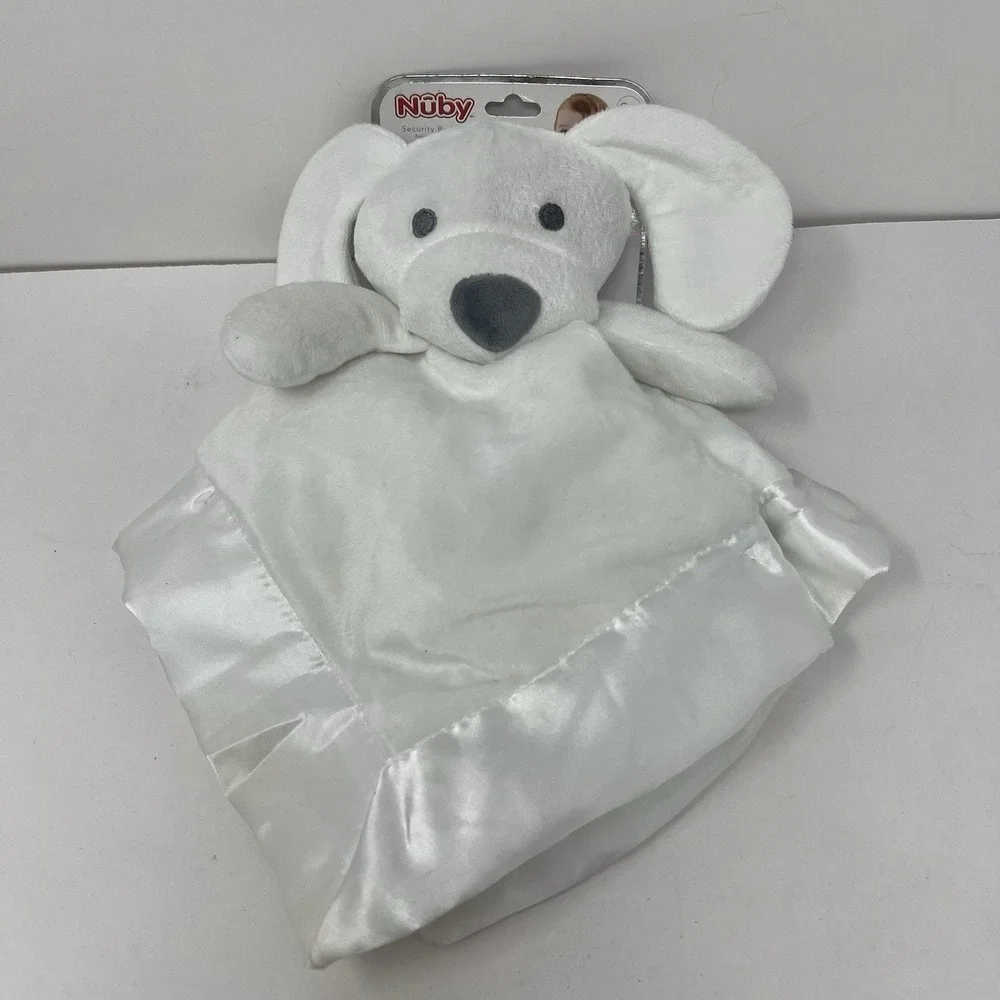 Nuby Security Blanket OS White Dog Plush Satin Trim Puppy Lovey
